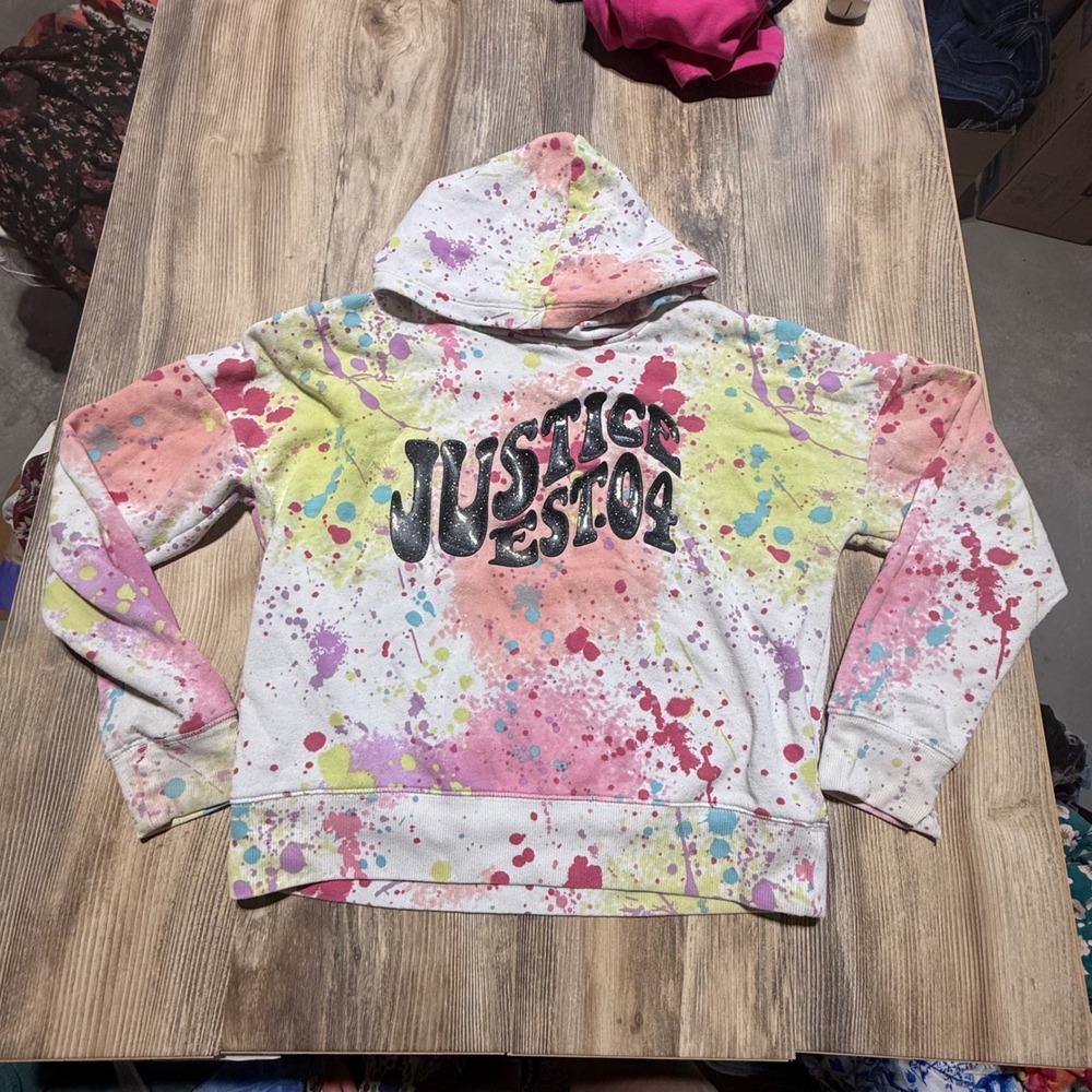 2010s Justice Paint Splatter Hoodie Girls L 12/14 Glitter Logo‎ Hooded